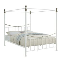 Marylebone Traditional Four Poster Canopy Metal Bed Frame White White & Brass King