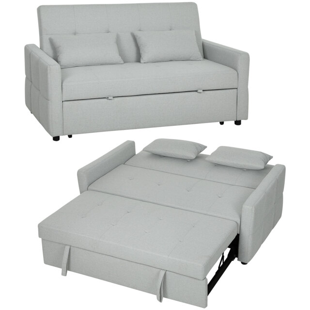 HOMCOM 2 Seater Sofa Bed, Convertible Pull Out Bed Settee, Light Grey Grey Light Grey