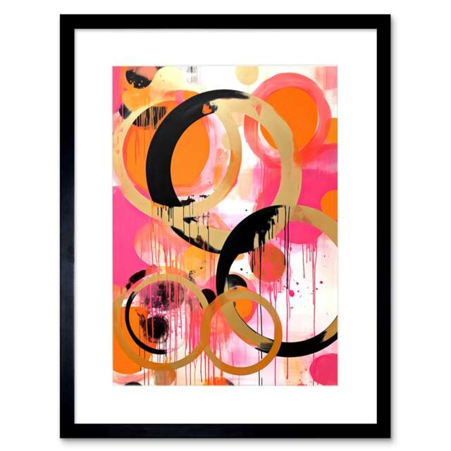 "Abstract Circles Bright Pink Orange Gold Black Geometric 9x7"" Black Framed Wall Art Print"