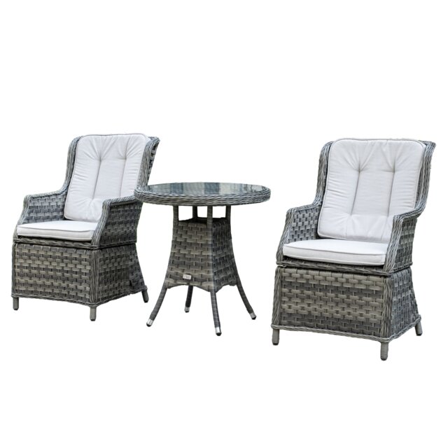 Direct Wicker Outdoor Rattan Bistro Set, Round Table with Glass Top, 2 Armchairs