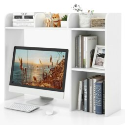 COSTWAY 3-Tier Desk Bookshelf Wooden Bookcase Organizer White White