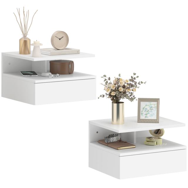 HOMCOM Modern Nightstand Set of 2, Wall Mounted Bedside Cabinet, White White White 35W x 32D x 22.5H cm