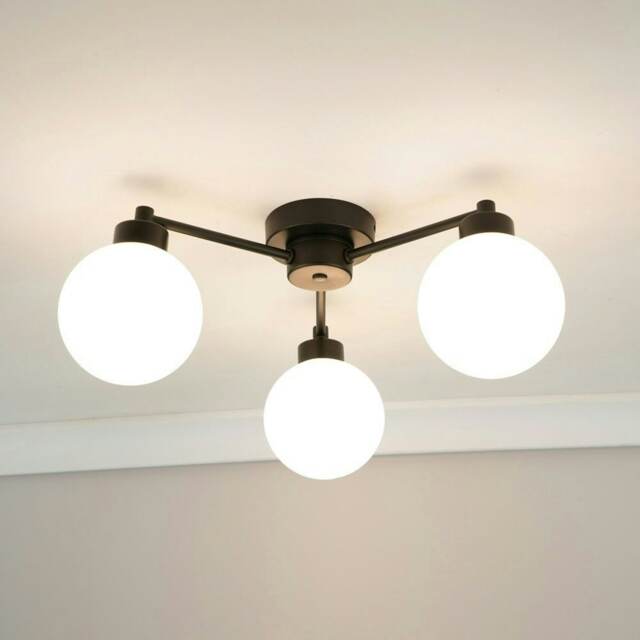 ValueLights Jonah Matt Black 3 Arm Globe Ball Shade Flush Ceiling Light with LED Bulbs Black