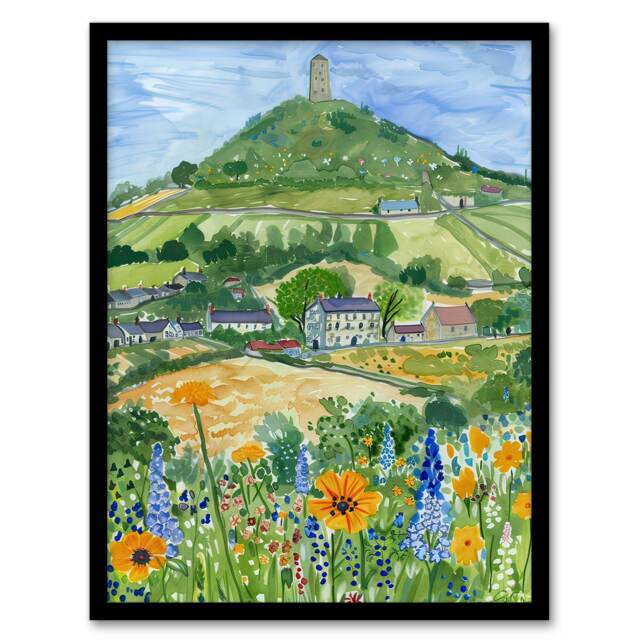 Glastonbury Tor Spring Floral Somerset Black Framed Wall Art Print A4