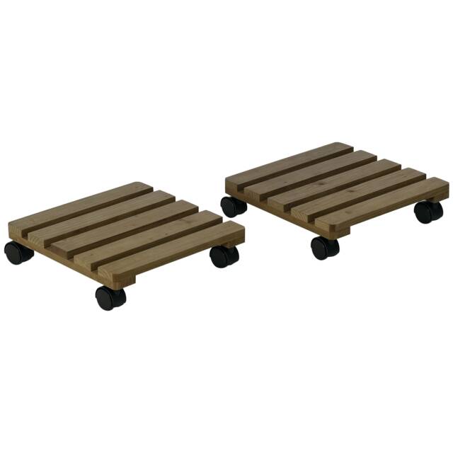 Outsunny 2 Pack Plant Caddy with Wheels, Square Wooden Plant Pot Trolley Brown Dark brown 30 x 30 x 7 cm