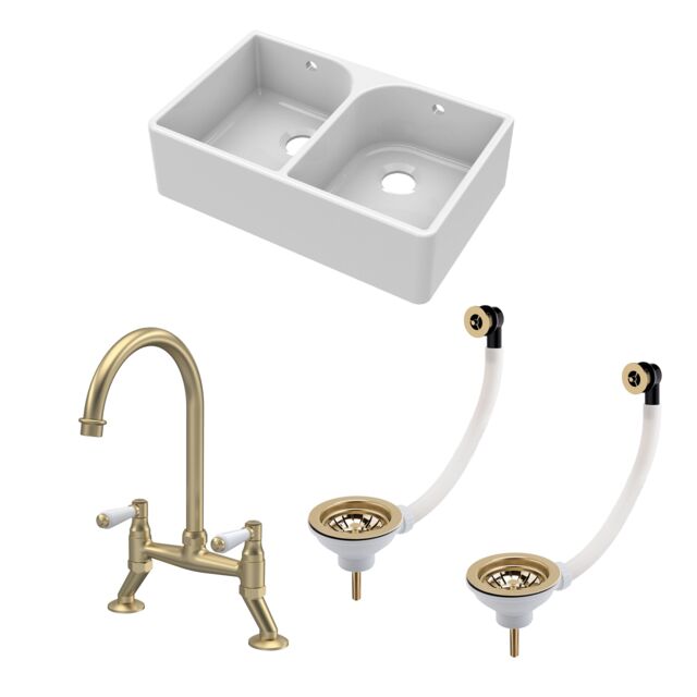Balterley Fireclay Kitchen Bundle - 2 Bowl Full Weir Butler Sink with Wastes & Bridge Lever Tap White White 3
