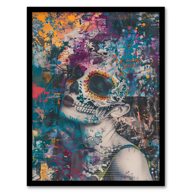 Mexican Day Dead Woman Portrait Beauty Skull Black Framed Wall Art Print A4