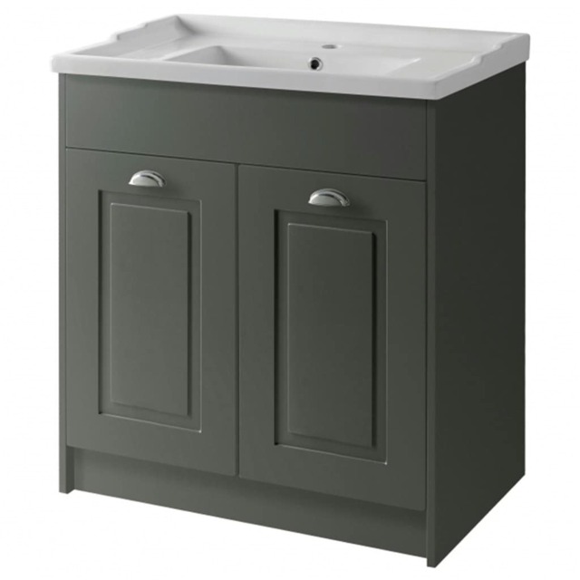 Traditional Bathroom Floor Standing 2 Door Vanity Unit and Ceramic Basin 800mm - Matt Grey - (Aberdeen) Brassware Not Included Grey Grey 1