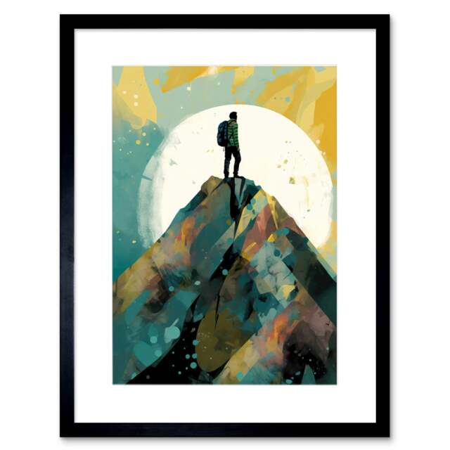 "Hiker Mountain Peak Modern Watercolour Painting 9x7"" Black Framed Wall Art Print"
