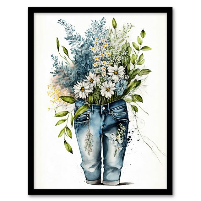 Wildflower Bouquet Flowers Pair Jeans Watercolour Black Framed Wall Art Print A4