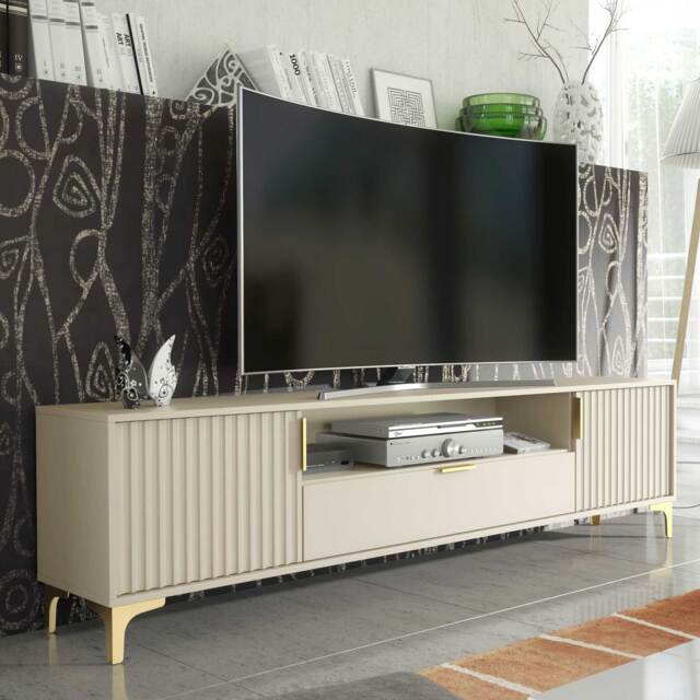TV Stand TV Unit Cabinet Sideboard Media Cabinet Cashmere Fluted Gold Legs 200cm