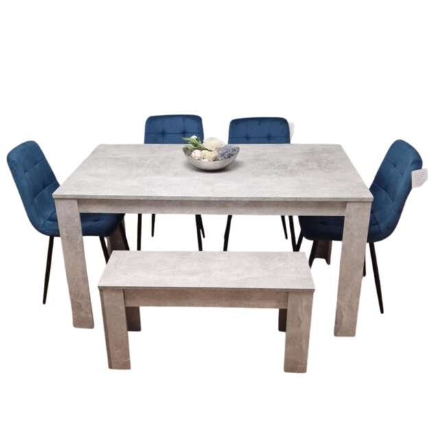 Stone Grey Effect Dining Set Table, 4 Blue Velvet Chairs & Bench