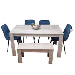 Stone Grey Effect Dining Set Table, 4 Blue Velvet Chairs & Bench