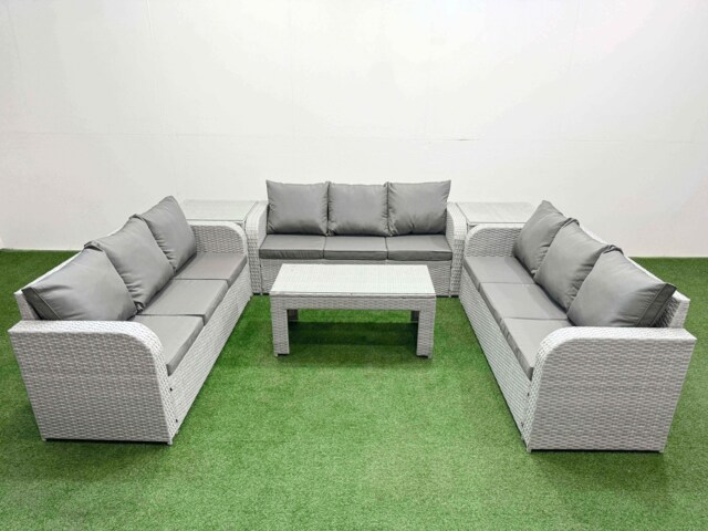 Fimous PE Rattan Lounge Sofa Set 9 Seater Outdoor Garden Furniture Set with Oblong Coffee Table 3 Seater Sofa 2 Side Table Light Grey