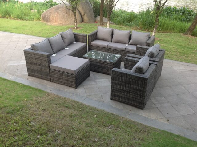 Fimous Outdoor Rattn Garden Furniture Sofa Set Rectangular Coffee Table Lounge Sofa Chair Footstool Converstory Dark Mixed Grey