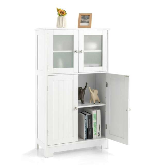 COSTWAY 4-Door Bathroom Floor Cabinet Storage Cabine White White 1