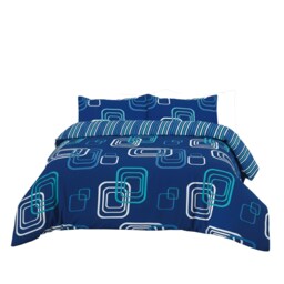 Duvet Cover And Pillowcase Set Geometric Square Design Polycotton Bed Linen Blue Double