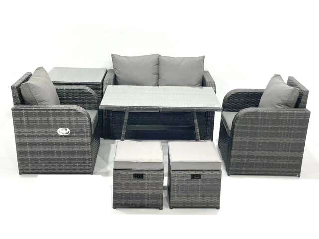 Fimous Outdoor Garden Furniture Set Rattan Sofa Dining Table Set with Reclining Chair Side Table 2 Small Footstool Dark Grey Mixed