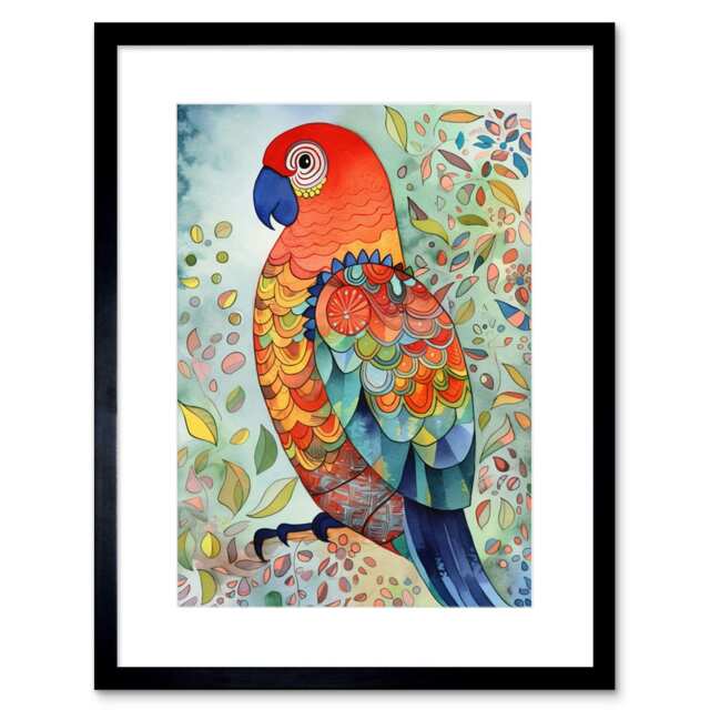 "Colourful Parrot Folk Art Watercolour Painting 9x7"" Black Framed Wall Art Print"