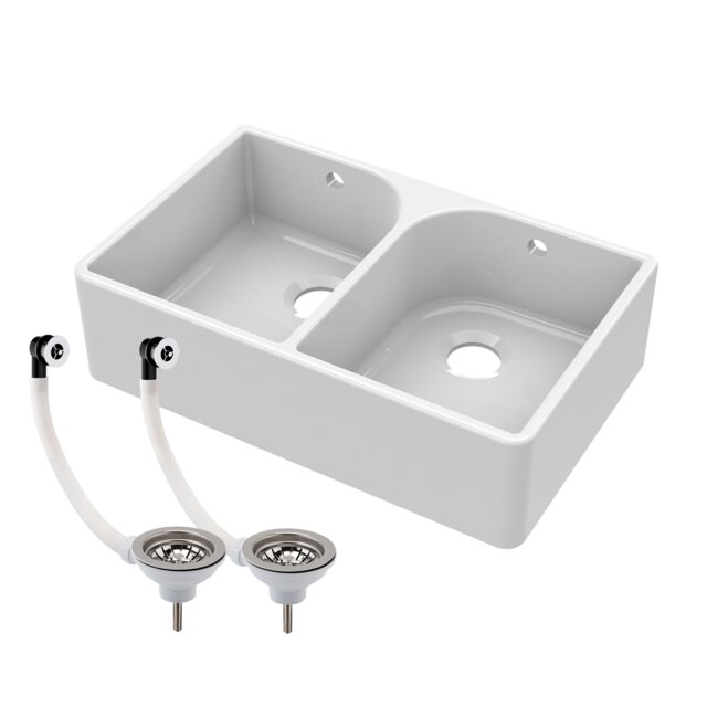 Balterley Double Bowl Fireclay Ceramic Butler Kitchen Sink Full Weir, Overflows & Wastes White White