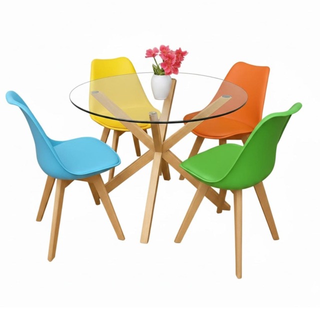 Kosy Koala Round Glass Dining Table Set With 4 Mix Plastic Chairs Dining Room Furniture