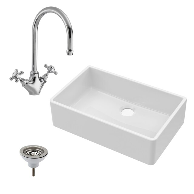 Fireclay 1 Bowl Butler Kitchen Sink with Mono Sink Mixer Tap & Waste 795mm - Ceramic Kitchen Sink & Tap Bundle