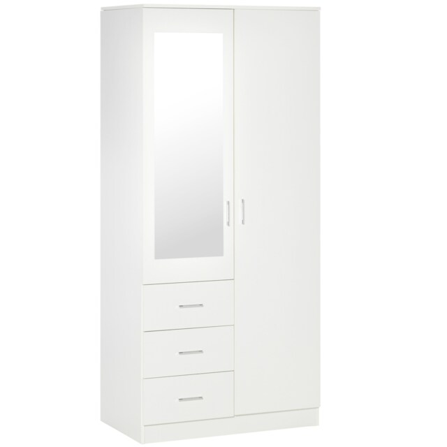 HOMCOM 2 Door 3 Drawer Mirrored Wardrobe with Hanging Rail, Modern Clothes Storage Cupboard with Mirror, Drawers and Adjustable Shelves for Bedroom, 80 x 50 x 180 cm, White