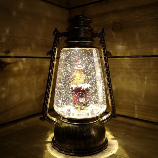 24cm Christmas Water Spinner Antique Effect Hurricane Lantern with Robin on Post-box Dual Powered
