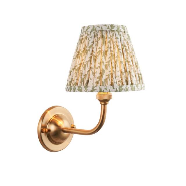 Dome Arc Brushed Aged Brass Plate Wall Light with Herb Garden Green Fabric Leaf Shade 16cm B22