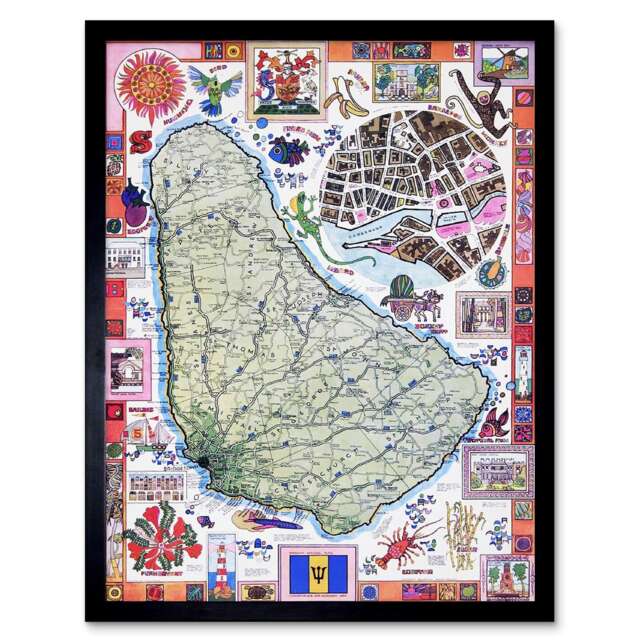 Travel Tourism Barbados Caribbean Tropical Map Framed Wall Art Print