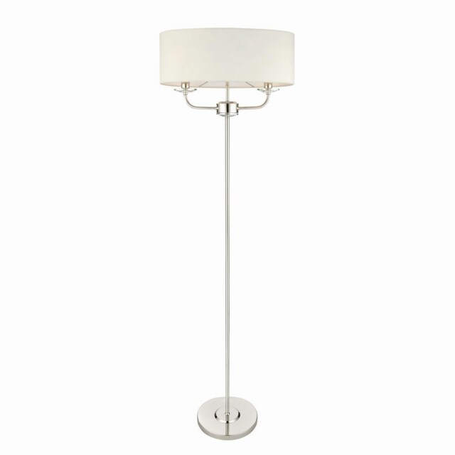 Nixon 2 Light Floor Lamp Nickel Plate, White Silk Effect, Crystal Glass, E14