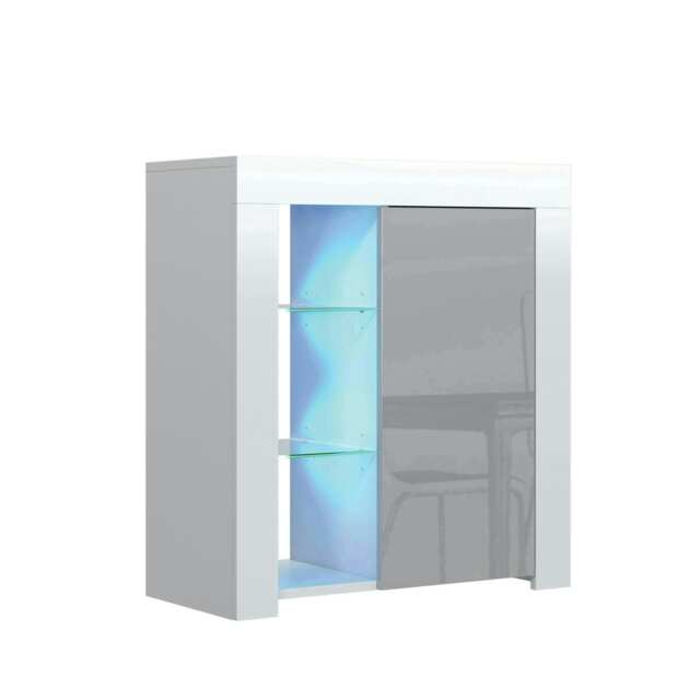 Sideboard 75cm Grey Gloss Door White Matt Body Glass Shelves Free LED White Grey