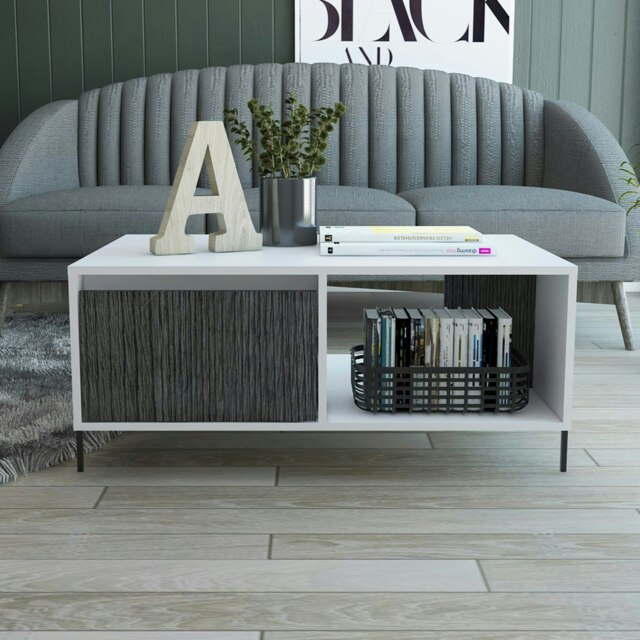 Dallas White Coffee Table With Drawer & Open Storage - White and Carbon Grey Oak Effect Top with Metal Hardware White White & Carbon Grey Oak One Size 1