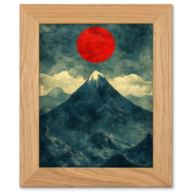Japan Alps Red Sun Mountain Range Landscape Art Oak Wood Framed Wall Print