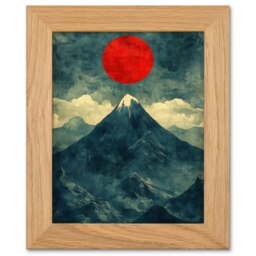 Japan Alps Red Sun Mountain Range Landscape Art Oak Wood Framed Wall Print
