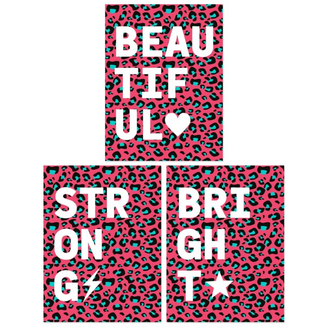 Set of 3 Beautiful Strong Bright Pink Blue Leopard Pattern Bedroom Wall Art Prints 12x16 Inch