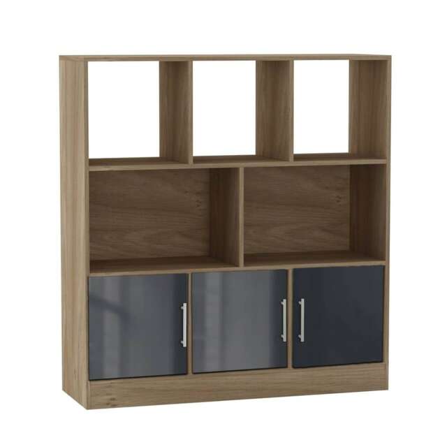 Asymmetrical 8 Cube Oak Freestanding Bookcase Shelf Storage Unit with 3 Doors Grey Gloss Doors - Grey 1