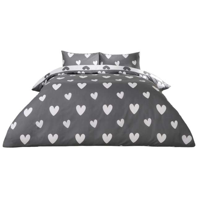 OHS Love Heart Print Duvet Cover and Pillowcase Set, King - Charcoal