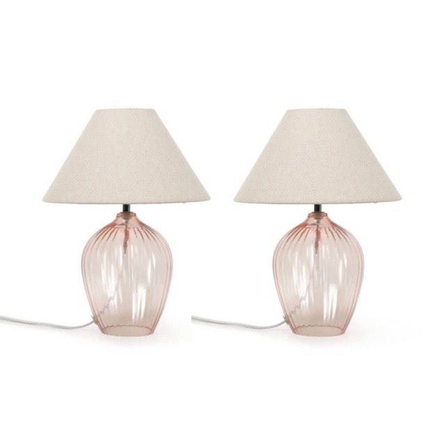 ValueLights Olivet Pair Pink Glass Table Lamps with Fabric Taper Shade & Bulbs Pink