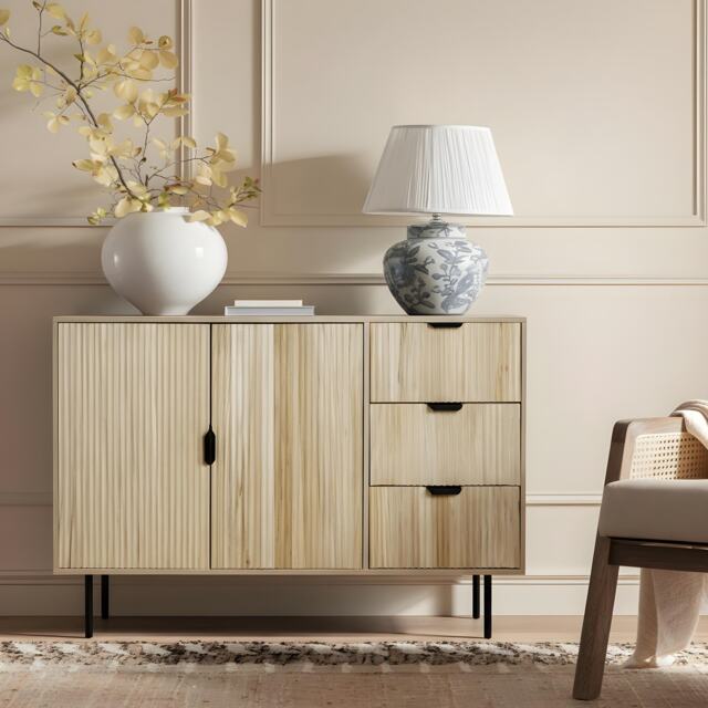 OHS Ribbed Sideboard Table Modern Drawer Shelf Cabinet Storage Brown Light Wood
