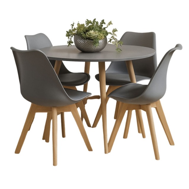 Dining Table and 4 Chairs Grey Round Wood Table 4 Grey Plastic Tulip Chairs Dining Room Furniture