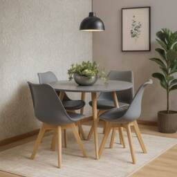 Dining Table and 4 Chairs Grey Round Wood Table 4 Grey Plastic Tulip Chairs Dining Room Furniture