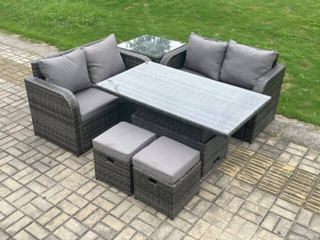 Fimous Outdoor Rattan Furniture Garden Dining Set Height Adjustable Rising lifting Table Love Sofa Set With Side Table 2 Small Footstool Dark Grey Mixed