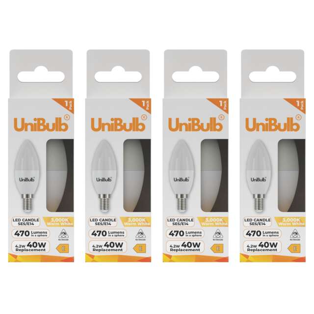 UniBulb LED Candle E14 Small Edison Screw (SES) 470lm 4.2W (Replaces 40W) 3000K (Warm White) Light Bulb - Pack of 4