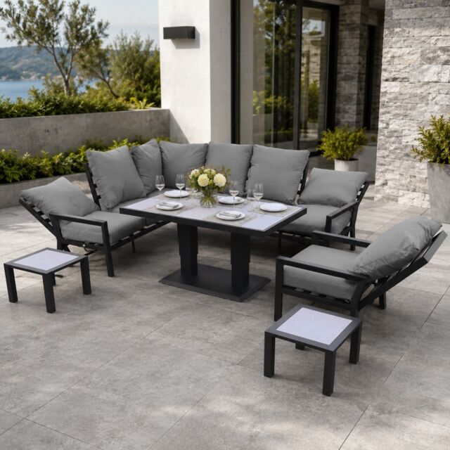 Monte Carlo 7 Seater Aluminium Reclining Corner Garden Sofa Set with Gas Lift Table, Armchair & Grey Cushions