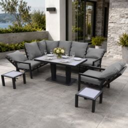 Monte Carlo 7 Seater Aluminium Reclining Corner Garden Sofa Set with Gas Lift Table, Armchair & Grey Cushions