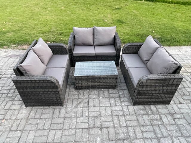 Fimous Outdoor Garden Furniture Sets 6 Seater Wicker Rattan Furniture Sofa Sets with Rectangular Coffee Table Love Sofa Dark Grey Mixed