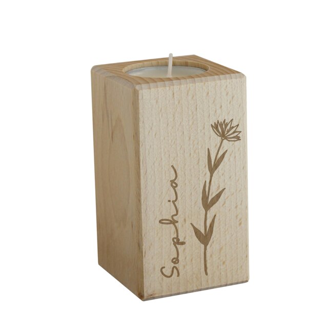 Personalised Floral Wooden Tealight Holder Brown