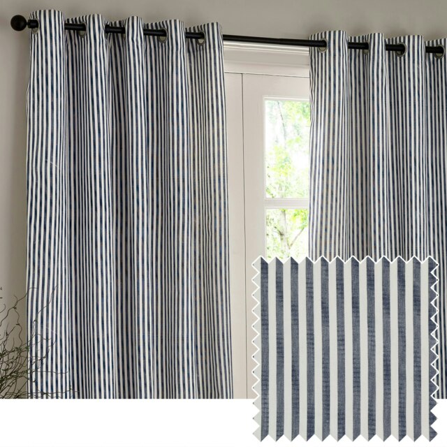 Yard Hebden Striped Cotton Navy Eyelet Curtains (W)117cm x (D)137cm Multi