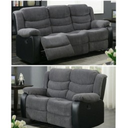 Roma Recliner Jumbo Cord 3 Plus 2 Seater Sofa Set, Armchair Inspired Home Theatre and Living Room Seating Black Leather Trim Black Grey Jumbo cord & Black leather trim 2